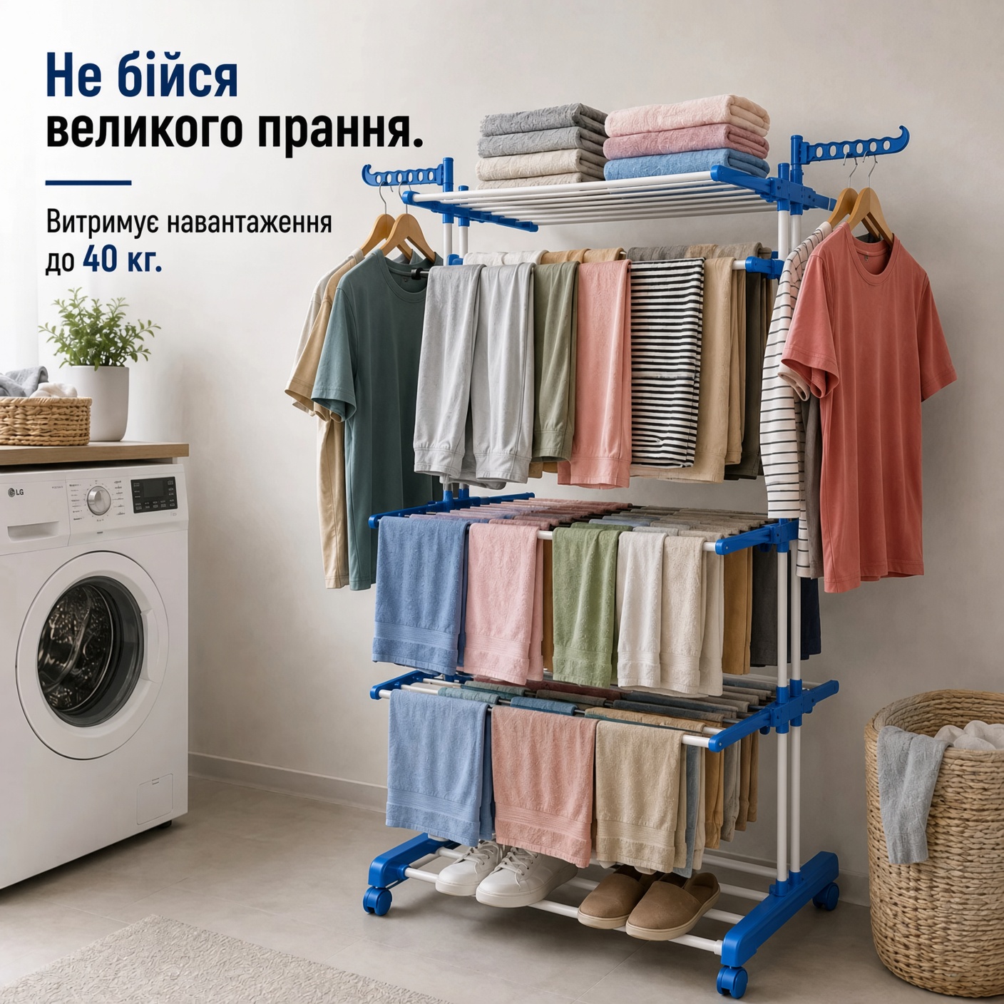 Складна вертикальна сушарка для білизни на 3 рівні — 75 × 64 × 172 см, до 50 кг — Вертикално място