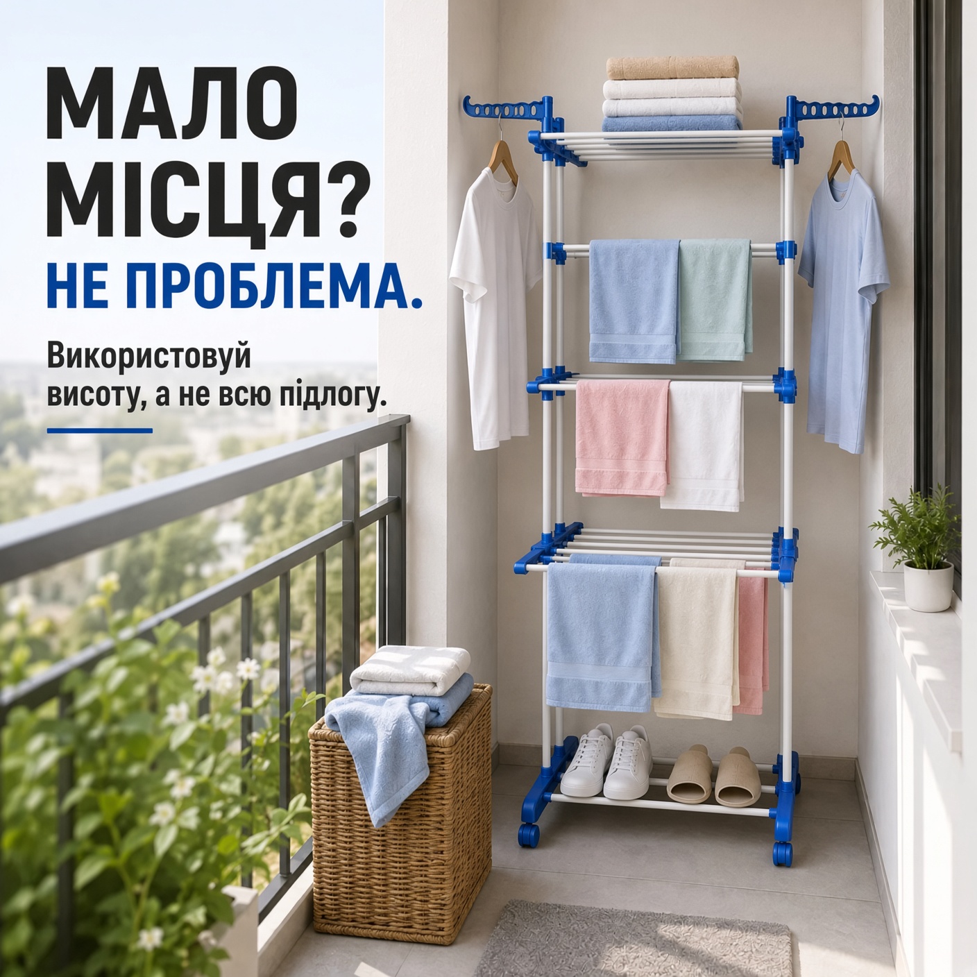 Складна вертикальна сушарка для білизни на 3 рівні — 75 × 64 × 172 см, до 50 кг — Вертикално място